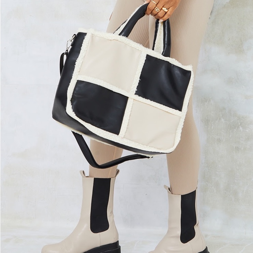 NWT Pretty Little Thing Black Monochrome Borg Trim Tote Bag